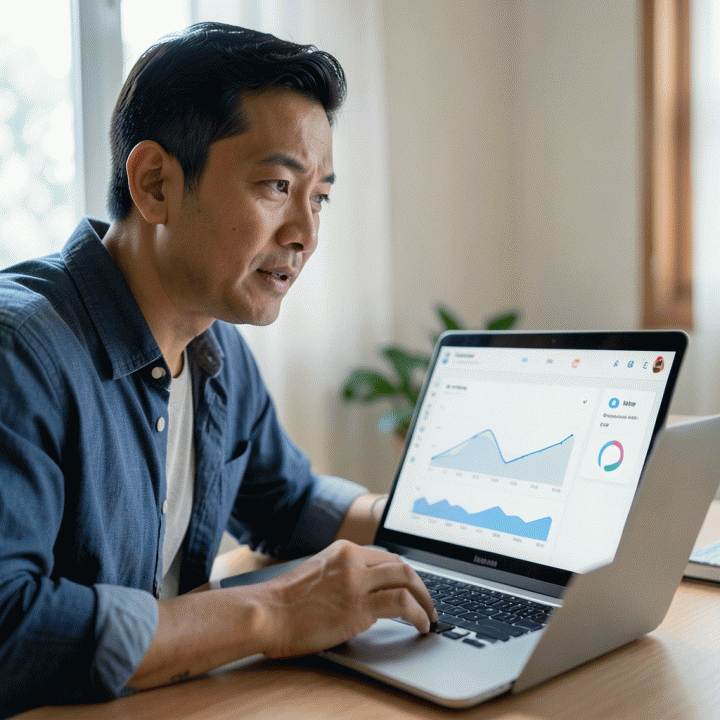 Seorang founder Indonesia tersenyum percaya diri melihat layar laptop yang menampilkan dashboard abstrak, melambangkan keberhasilan implementasi ide bisnis.