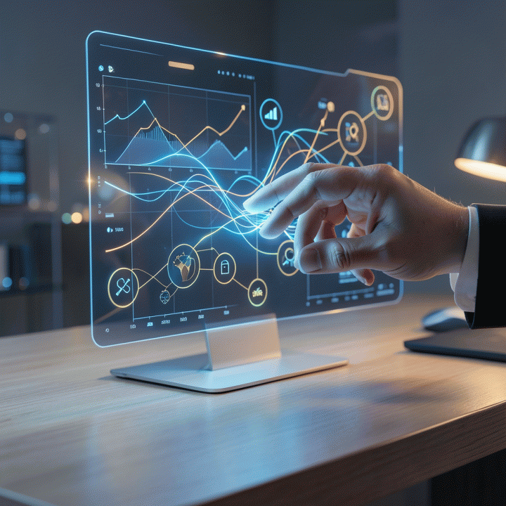 Tangan berinteraksi dengan antarmuka hologram AI yang menampilkan model bisnis dan data pasar, melambangkan bantuan AI dalam merencanakan bisnis.