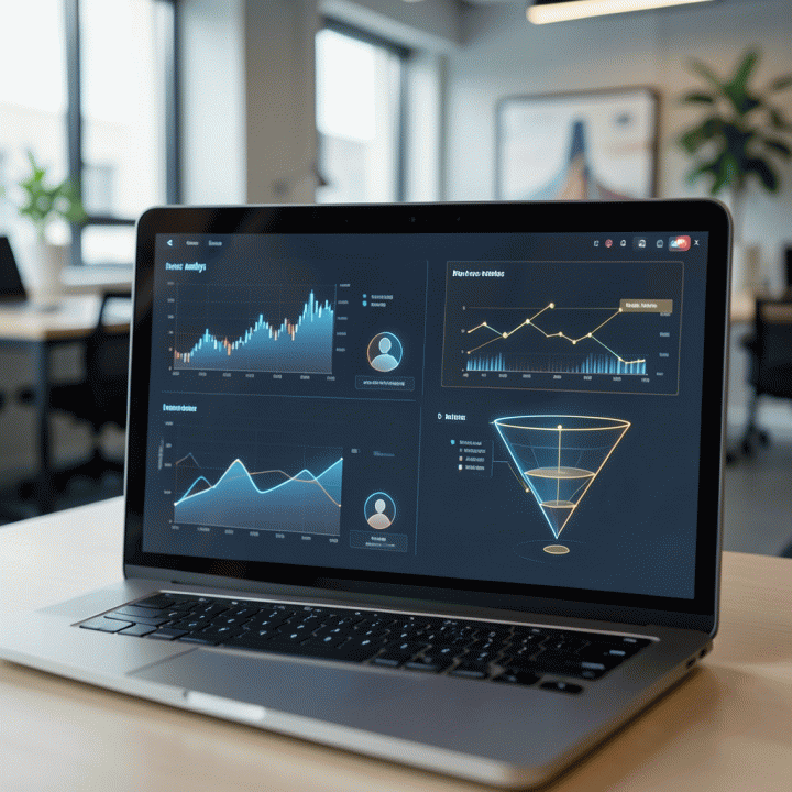 Tampilan dashboard AI yang abstrak dan profesional, menunjukkan analisis pasar, persona pengguna, dan alur kerja bisnis yang terstruktur.