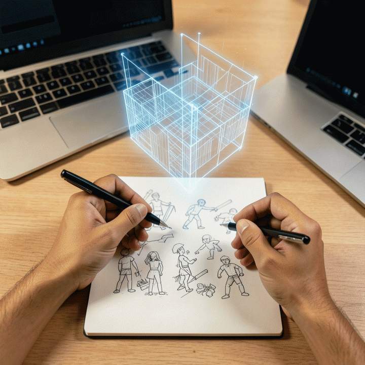 Tangan yang sedang menyempurnakan ide mentah di atas kertas, dengan bantuan proyeksi hologram AI yang membentuk struktur bisnis digital yang rapi.