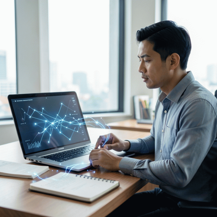 Seorang founder muda di meja kerja modern, menggunakan laptop dengan antarmuka AI futuristik, melambangkan proses mengubah ide menjadi rencana bisnis digital.
