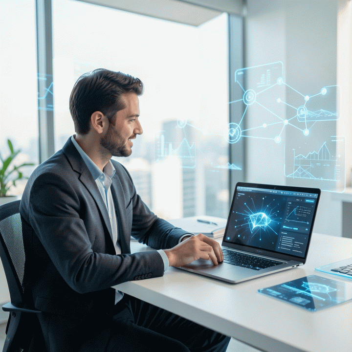 Seorang founder yang bekerja di meja modern, dikelilingi oleh visualisasi digital abstrak yang melambangkan ide-ide yang sedang diubah menjadi rencana bisnis yang nyata menggunakan kecerdasan buatan.