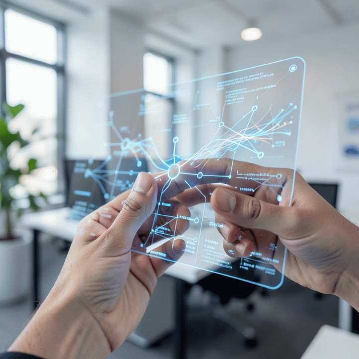 Tangan yang berinteraksi dengan antarmuka holografik yang menampilkan diagram alir dan data abstrak, melambangkan transformasi ide menjadi model bisnis.