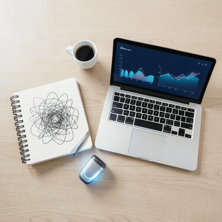 Tampilan datar (flat lay) yang menampilkan alat-alat perencanaan bisnis seperti buku catatan, laptop dengan data abstrak, dan elemen kreatif lainnya, menandakan fase awal pengembangan ide.