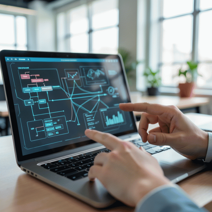 Tampilan layar laptop yang abstrak dan futuristik, menampilkan diagram alir bisnis dan model bisnis terstruktur yang dihasilkan AI, difokuskan pada tangan yang berinteraksi.