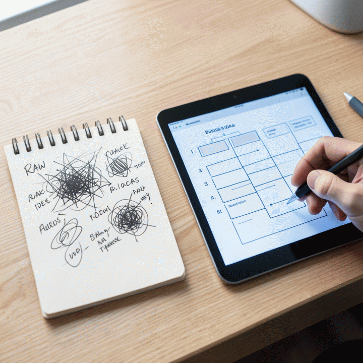 Perbandingan antara catatan ide mentah yang acak di buku dan rencana bisnis digital yang rapi dan terstruktur di tablet, menunjukkan proses transformasi dengan bantuan AI.