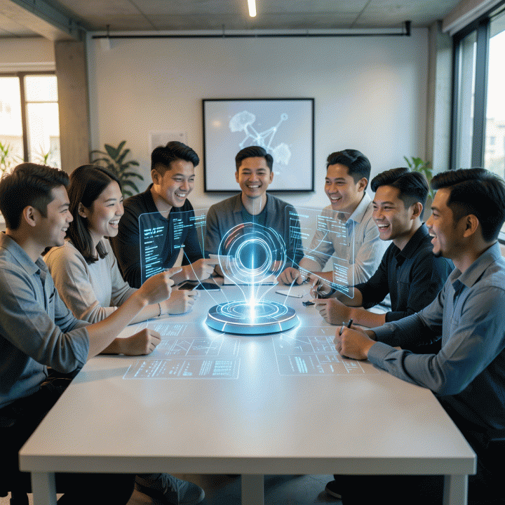 Kelompok profesional muda Indonesia yang bersemangat berkolaborasi di sekitar antarmuka AI futuristik, mengubah ide mentah menjadi rencana bisnis digital yang terstruktur.