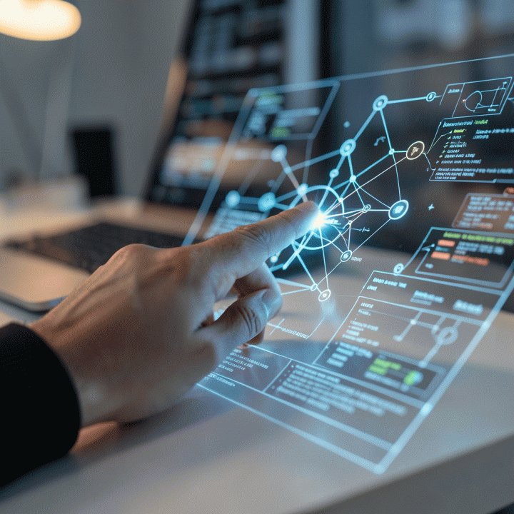 Tangan berinteraksi dengan antarmuka AI holografik yang menampilkan diagram alir dan data terstruktur, melambangkan pengembangan ide menjadi rencana bisnis.