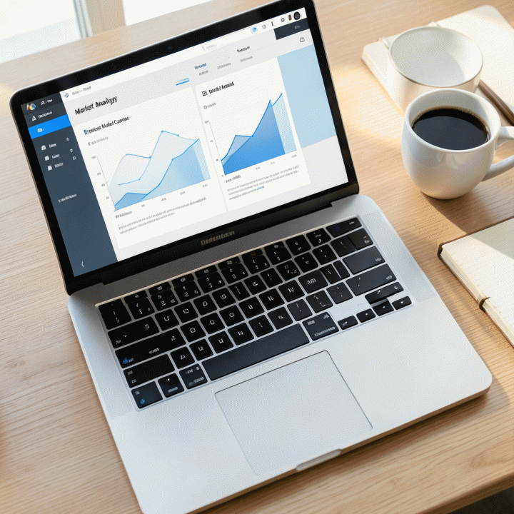 Laptop menampilkan antarmuka pengguna abstrak yang terstruktur untuk perencanaan bisnis, menunjukkan modul analisis pasar dan model bisnis.