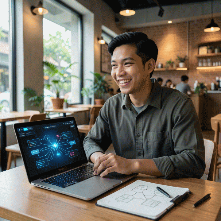Seorang founder muda Indonesia yang bekerja di kafe modern, menggunakan laptop yang menampilkan visualisasi bercahaya dari ide bisnis yang kompleks dan terstruktur, menunjukkan transformasi ide menjadi rencana bisnis digital.