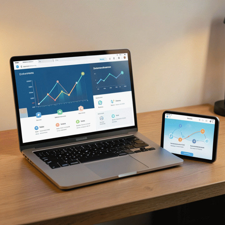 Laptop dan tablet di meja kerja minimalis menampilkan dashboard visualisasi data abstrak dan antarmuka AI yang menunjukkan rencana bisnis langkah demi langkah.