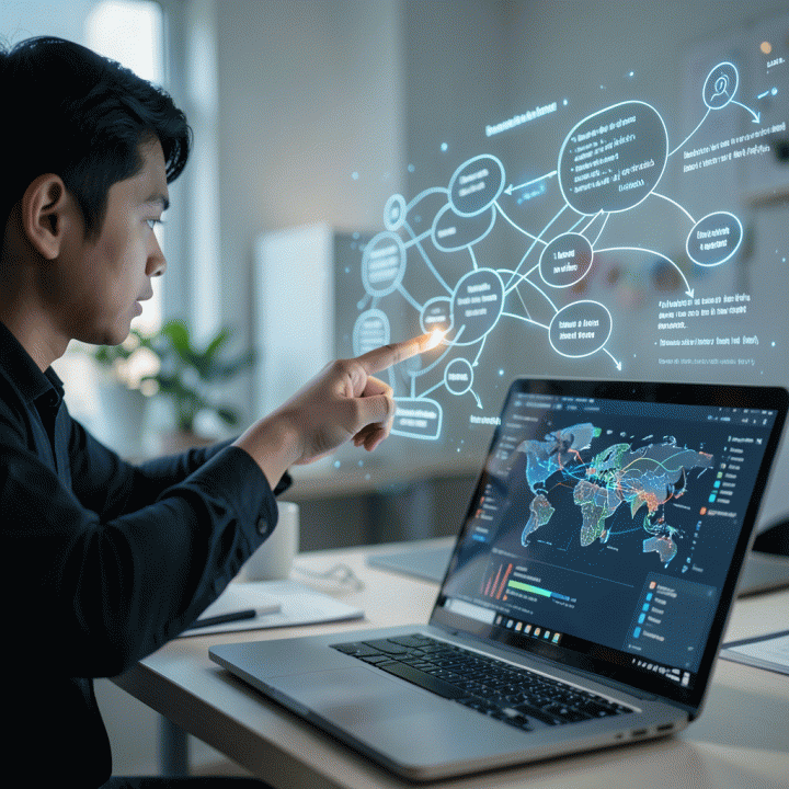 Tangan seorang profesional menunjuk pada peta pikiran visualisasi data kompleks yang melayang dari laptop, menunjukkan proses pengorganisasian ide bisnis dengan AI.