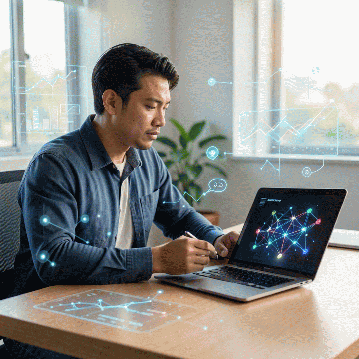 Seorang founder modern di meja kerja yang canggih, menggunakan AI di laptop untuk mengubah ide mentah menjadi rencana bisnis digital yang terstruktur.
