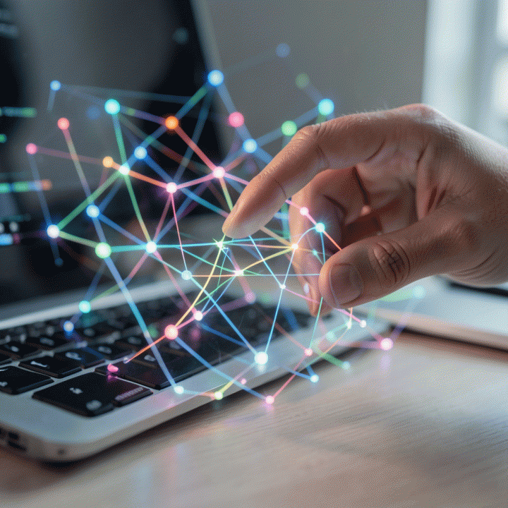 Tangan seorang profesional berinteraksi dengan antarmuka hologram AI yang menampilkan data dan koneksi ide bisnis.