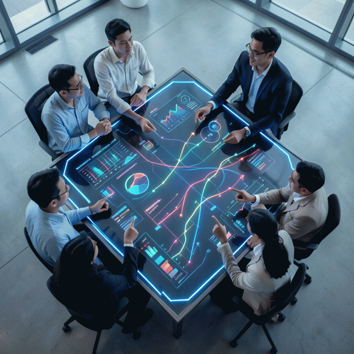 Tim startup yang berkolaborasi di meja digital futuristik, memvisualisasikan model bisnis dan potensi pertumbuhan pasar menggunakan AI.