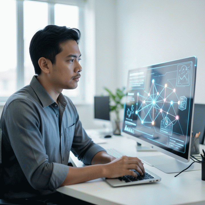 Seorang founder Indonesia sedang menggunakan antarmuka AI holografik di meja kerja modern, mengubah ide-ide mentah menjadi rencana bisnis digital yang terstruktur dan siap diluncurkan.