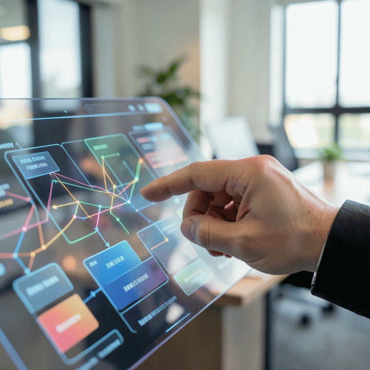 Tangan pengguna berinteraksi dengan layar sentuh futuristik, menampilkan visualisasi alur kerja dan struktur rencana bisnis yang terorganisir oleh AI.