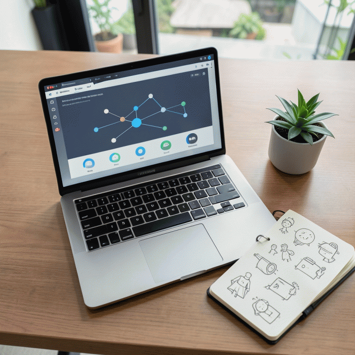 Tampilan meja kerja minimalis dengan laptop menampilkan dashboard AI abstrak dan buku catatan berisi doodle, melambangkan proses perencanaan bisnis yang didukung teknologi.