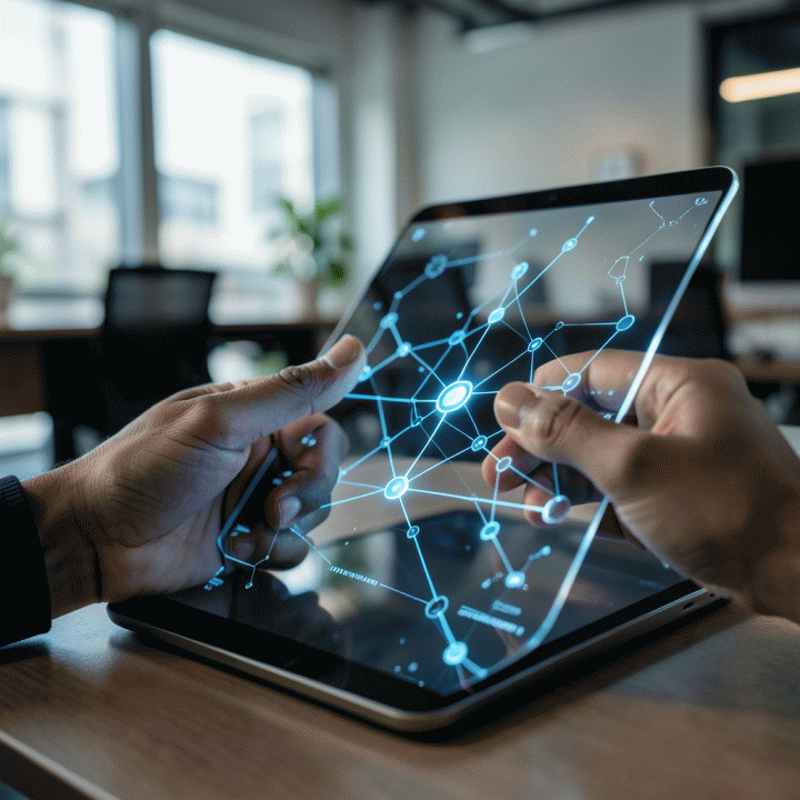 Tangan seorang profesional yang berinteraksi dengan antarmuka AI futuristik yang menampilkan visualisasi data dan struktur ide bisnis.