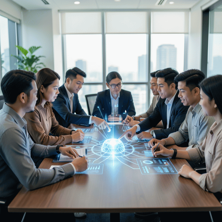 Seorang tim profesional muda Indonesia berkolaborasi di meja modern, dikelilingi oleh visualisasi data dan ide digital yang bersinar, melambangkan proses mengubah ide menjadi bisnis nyata dengan bantuan AI.