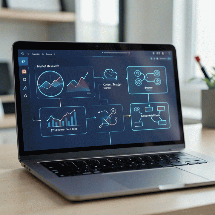 Tampilan dashboard AI yang abstrak dan futuristik di layar laptop, menampilkan modul-modul riset pasar, strategi konten, dan model bisnis yang terhubung.