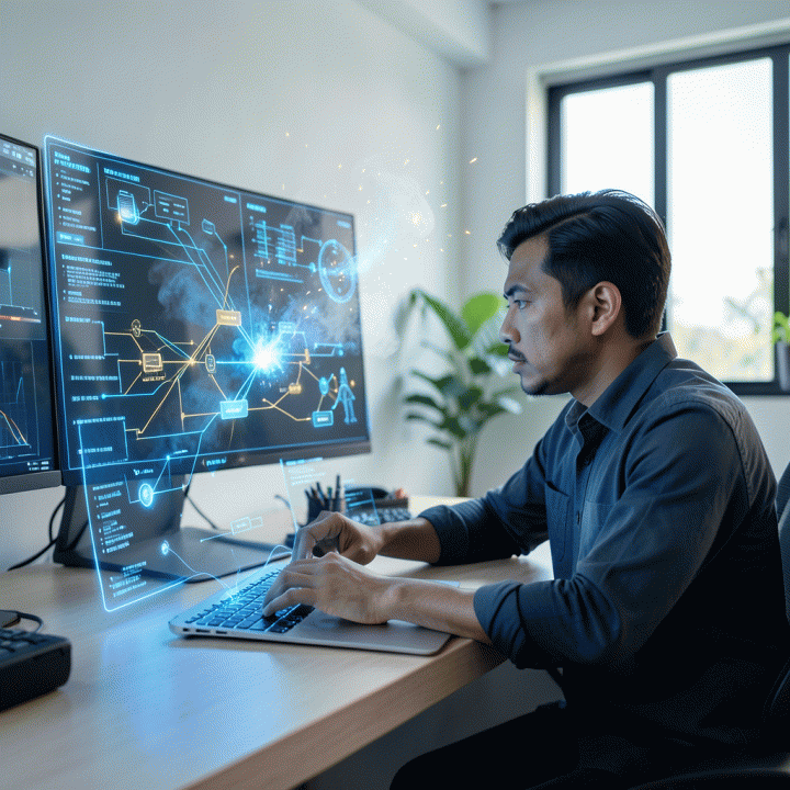 Seorang founder muda Indonesia yang bekerja di ruang modern, menggunakan antarmuka holografik AI canggih untuk mengubah ide-ide mentah menjadi rencana bisnis digital yang terstruktur dan siap pakai.