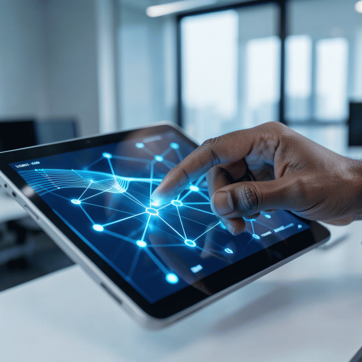 Tangan yang berinteraksi dengan antarmuka digital holografik, menunjukkan proses penyaringan dan penataan ide menjadi data terstruktur.