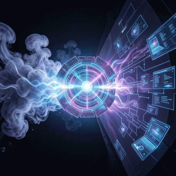 Visualisasi energi abstrak yang menunjukkan proses transformasi ide mentah menjadi cetak biru bisnis digital yang rapi menggunakan mesin AI.