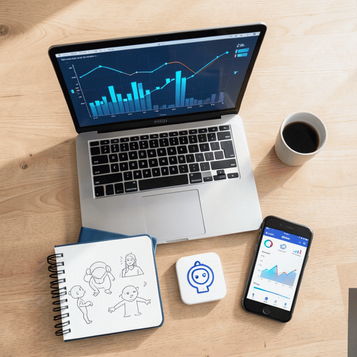 Tampilan atas (flat lay) berbagai alat digital dan elemen bisnis yang terorganisir di meja kerja modern, melambangkan persiapan bisnis.