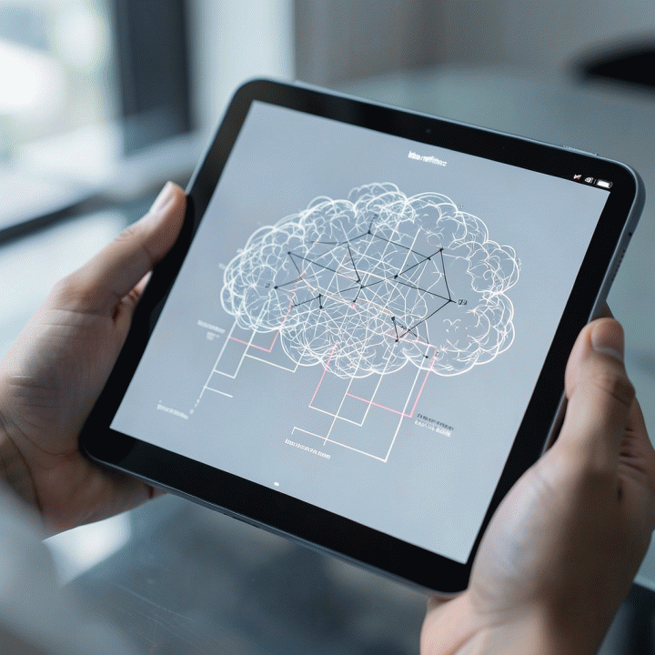 Tangan menggunakan tablet futuristik yang menampilkan visualisasi abstrak proses penyempurnaan ide menjadi rencana terstruktur.