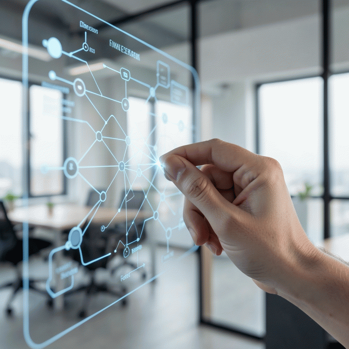 Tangan berinteraksi dengan antarmuka digital abstrak yang menampilkan diagram alir dan jaringan node, melambangkan analisis dan perumusan model bisnis menggunakan AI.