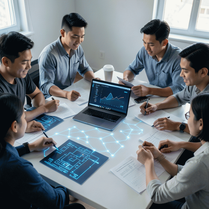 Kelompok pengusaha muda Indonesia yang bersemangat dan kolaboratif di sekitar meja kerja modern, dikelilingi oleh visualisasi ide digital bercahaya, melambangkan proses mengubah ide menjadi rencana bisnis digital yang nyata.
