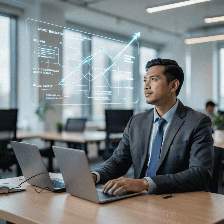 Seorang founder melihat dengan percaya diri ke cetak biru digital abstrak yang melayang, yang melambangkan rencana bisnis lengkap yang dihasilkan oleh AI.