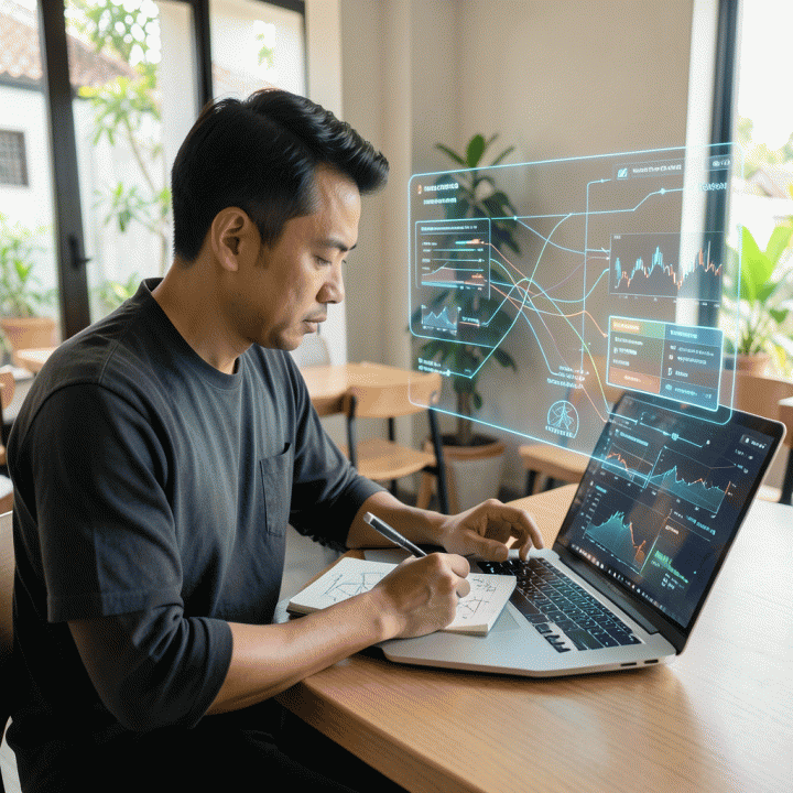 Seorang founder muda di kafe modern sedang menggunakan teknologi AI canggih yang memproyeksikan cetak biru bisnis digital terstruktur dari ide mentah yang digambar di buku catatan.