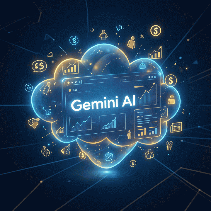 Representasi visual abstrak AI yang mengumpulkan data pasar yang tersebar dan menyusunnya menjadi cetak biru strategi bisnis yang terorganisir.