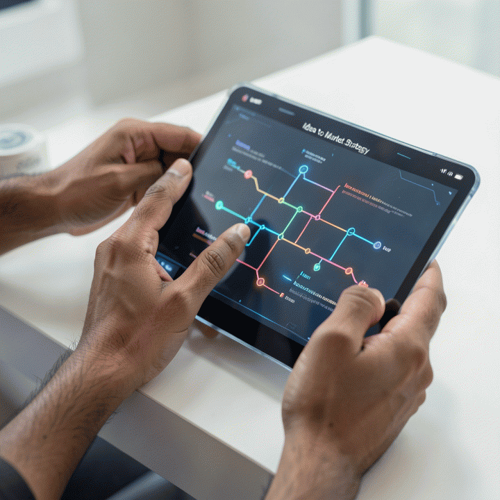 Tangan seorang profesional berinteraksi dengan layar sentuh futuristik, mengubah konsep abstrak menjadi peta jalan bisnis yang terstruktur.