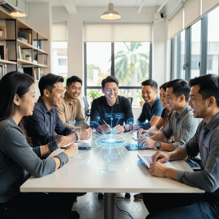 Sekelompok profesional muda Indonesia berkolaborasi di ruang kerja modern, menggunakan teknologi AI holografik untuk mengubah ide menjadi rencana bisnis digital.