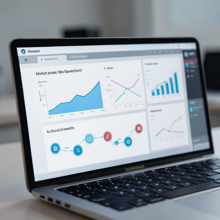 Tampilan antarmuka digital (UI) yang menampilkan visualisasi data terstruktur untuk perencanaan bisnis, tanpa teks yang terbaca.