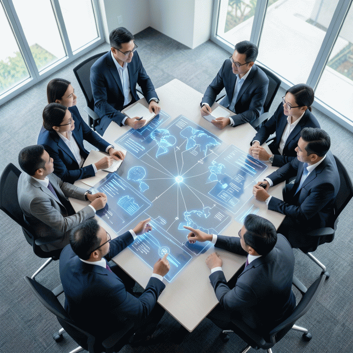 Tim profesional Indonesia bekerja sama di sekitar meja dengan visualisasi data holografik yang menunjukkan proses organisasi ide dan strategi bisnis.