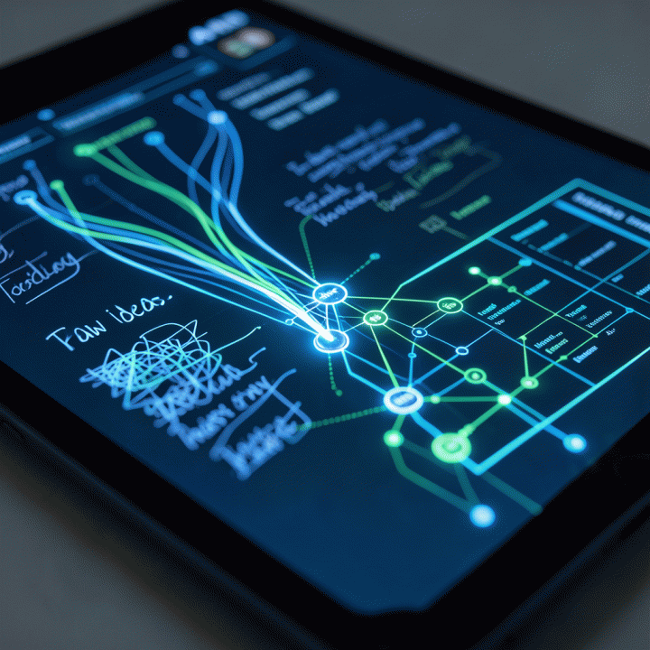 Tampilan close-up antarmuka AI yang menunjukkan transformasi ide acak menjadi rencana bisnis digital yang terstruktur dan siap pakai.