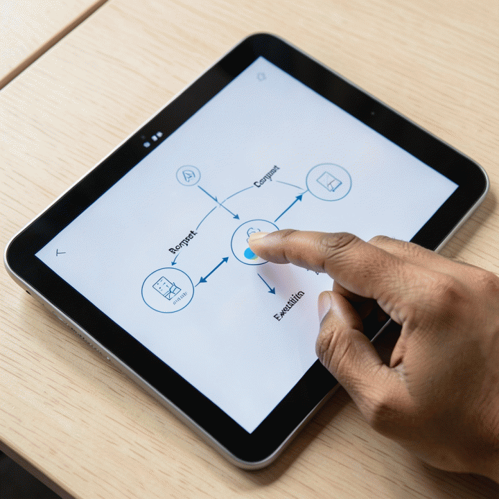 Detail close-up tangan yang menggunakan tablet untuk memetakan alur kerja ide (workflow diagram) di antarmuka digital yang abstrak dan futuristik.