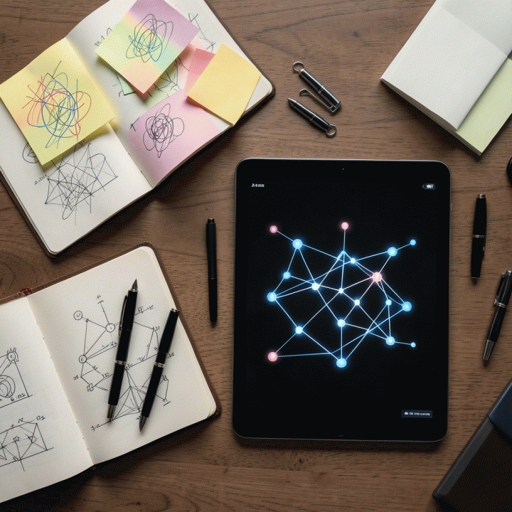 Overhead shot yang menampilkan flat lay peralatan brainstorming modern: sticky notes abstrak, buku sketsa, dan tablet bercahaya yang menunjukkan visualisasi peta ide digital yang terstruktur.