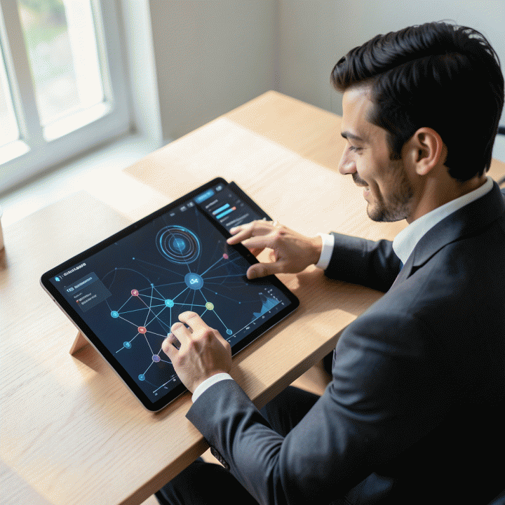 Seorang founder profesional melihat dengan fokus pada layar tablet yang menampilkan diagram visualisasi ide yang kompleks dan terstruktur secara digital.