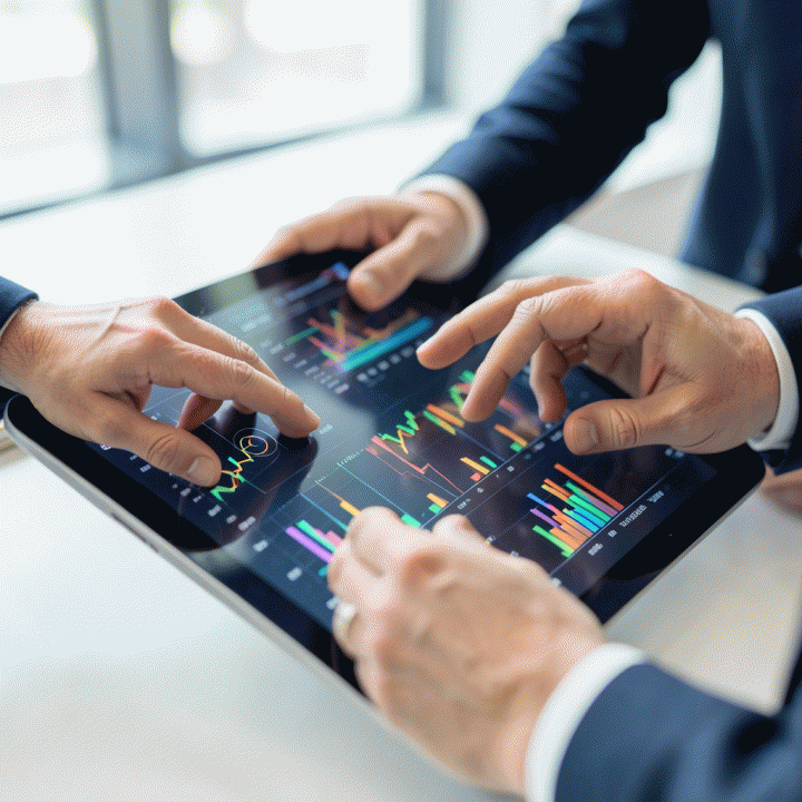Kolaborasi tim profesional yang menganalisis data kompleks di tablet untuk menemukan insight strategis.