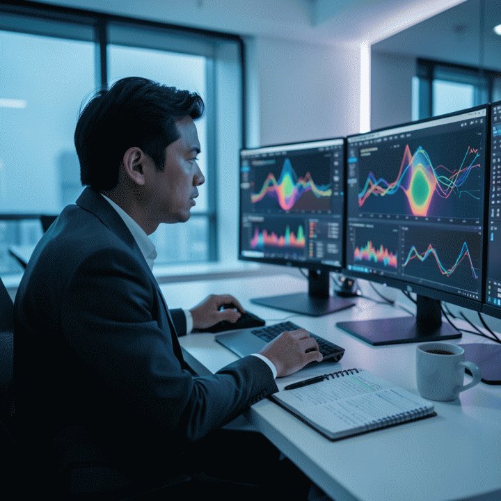 Seorang analis data profesional yang fokus menganalisis visualisasi data kompleks di beberapa monitor, menunjukkan proses transformasi data mentah menjadi insight pemasaran yang berharga.