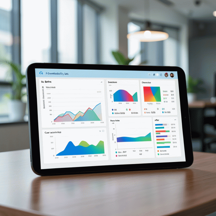 Tampilan visual dashboard analitik yang terstruktur dan bersih, menunjukkan perbandingan data kinerja iklan yang kompleks menjadi wawasan yang mudah ditindaklanjuti.