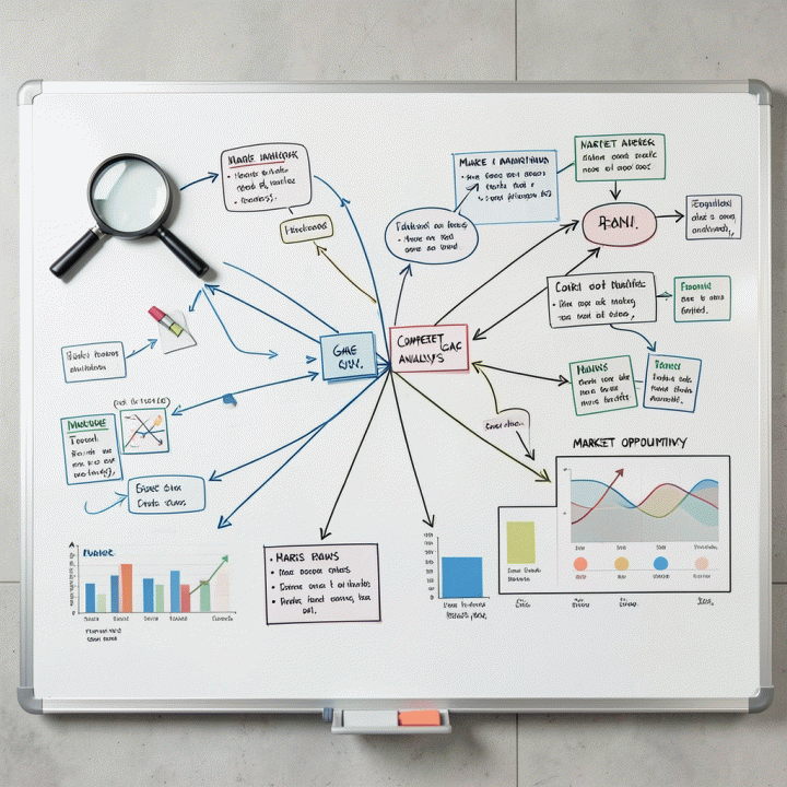 Tampilan atas (overhead) yang menunjukkan peta konsep analitis di papan tulis atau kanvas digital, menggambarkan proses identifikasi celah kompetitor dan strategi pemasaran yang terstruktur.