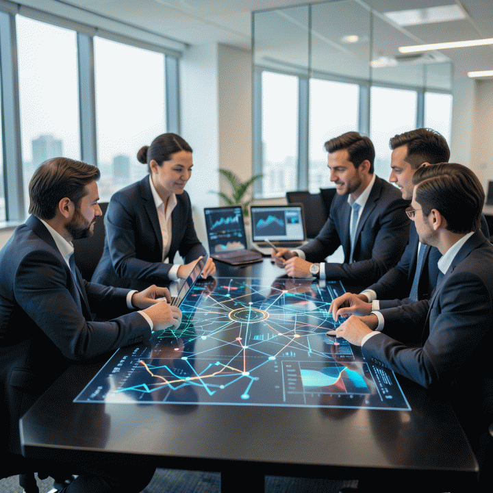 Tim pemasaran digital profesional yang berdiskusi di sekitar visualisasi data holografik yang kompleks dan dinamis, menunjukkan proses pengubahan data mentah menjadi strategi bisnis yang terukur.