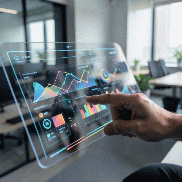 Tangan seorang profesional sedang berinteraksi dengan dashboard digital yang menampilkan visualisasi data abstrak, menunjukkan proses penyaringan data menjadi insight yang berguna.