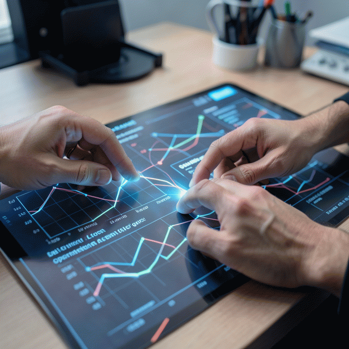 Tangan yang berinteraksi dengan antarmuka digital abstrak yang menunjukkan perbandingan data pasar dan celah kompetitor.